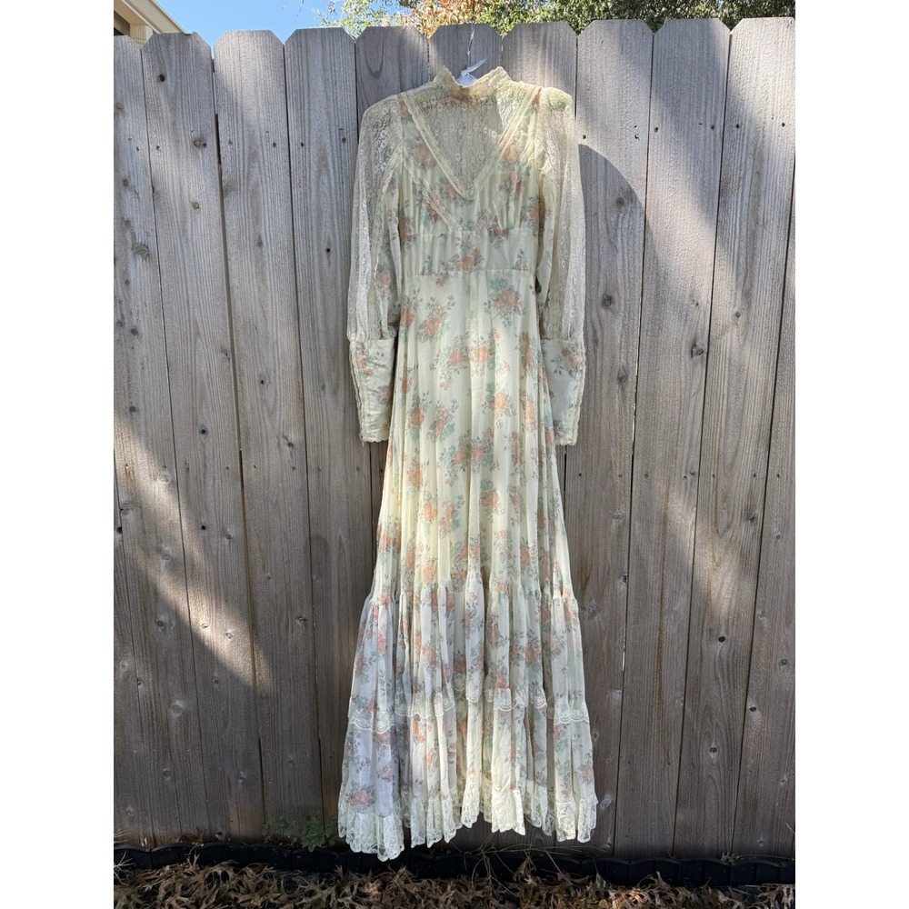70s Gunne Sax by Jessica McClintock Floral Prairie Maxi Dress Lace Cottagecore